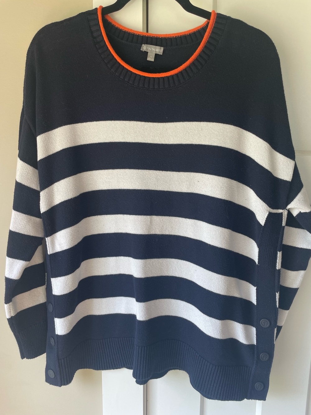 Talbots Striped Navy & White Crewneck Sweater with Orange Trim